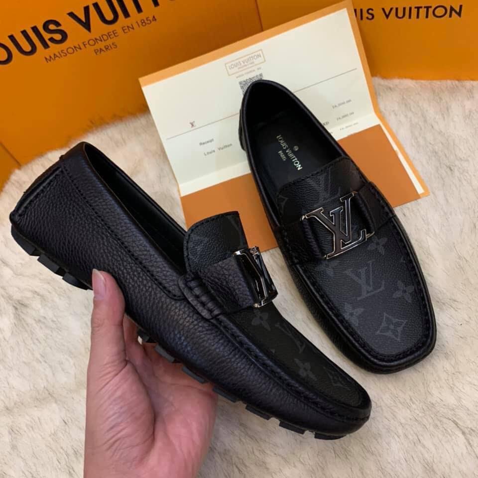 Giày lười Louis Vuitton Monte Carlo da nhăn màu đen siêu cấp Like Auth