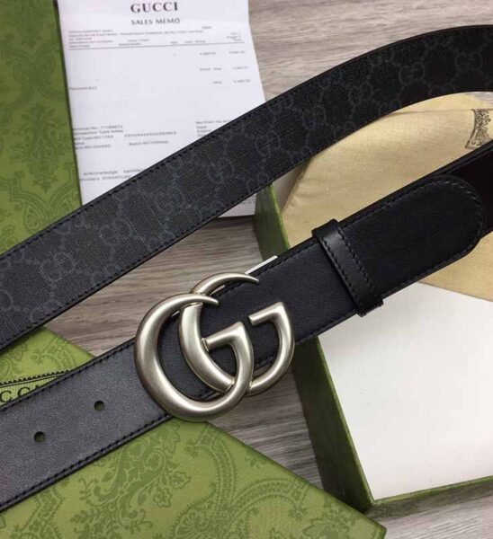 Thắt lưng Gucci siêu cấp Marmont Reversible belt in black GG supreme khóa trắng TLG21
